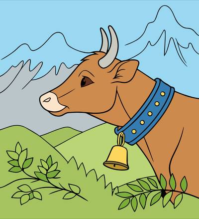 Versão colorida: Vaca alpina com sino nas montanhas