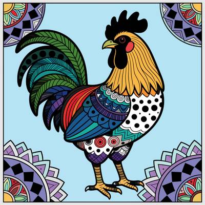 Farvelagt version: Kompleks zentangle-hane med mandalaer