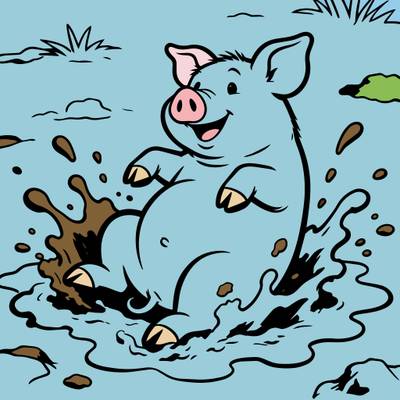 Färglagd version: Glad gris som plaskar i lera