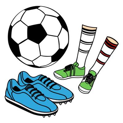 Färglagd version: Fotbollsskor, strumpor och fotboll