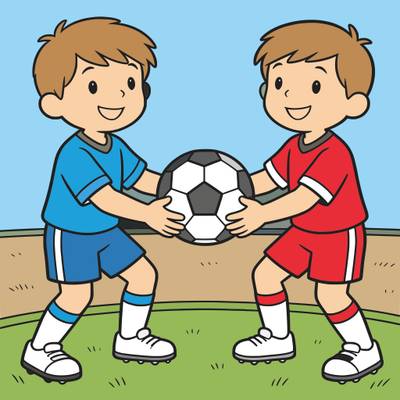 Färglagd version: Två barn som passar en fotboll