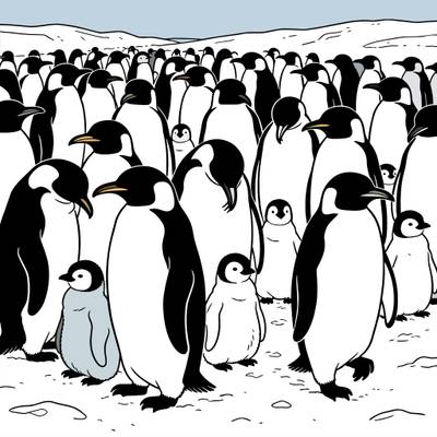 Ausgemalte Version: Pinguinkolonie mit mehreren Küken