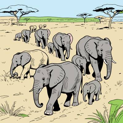 Versão colorida: Manada de elefantes na savana