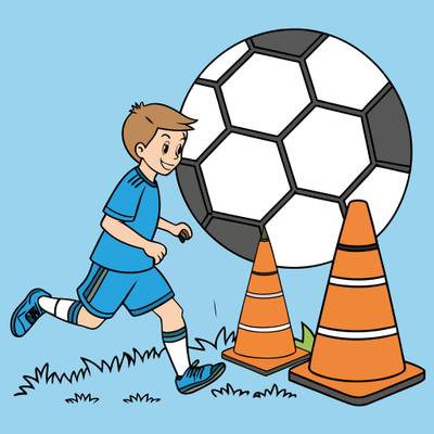 Färglagd version: Tecknad fotbollsspelare med koner