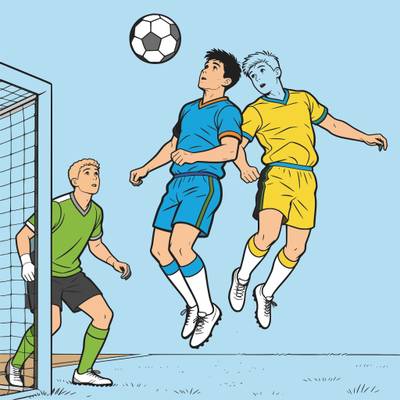 Färglagd version: Fotbollsspelare nickar nära målet