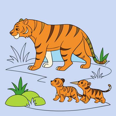 Fargelagt versjon: Tigermor med to tigerunger ute
