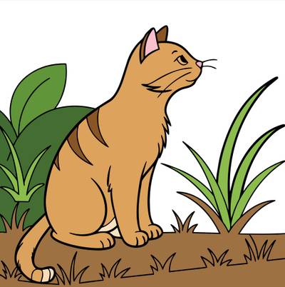 Ausgemalte Version: Hofkatze sitzt im Gras