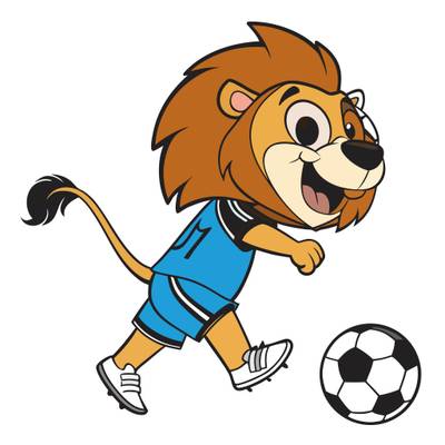 Färglagd version: Lejonmaskot som springer med fotboll