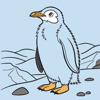 Ausgemalte Version: Baby-Pinguin steht im Schnee