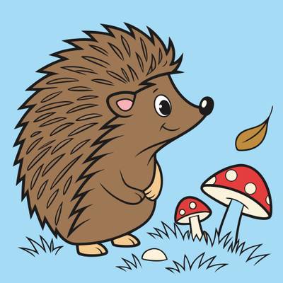 Wersja pokolorowana: Stojący jeż przy grzybach