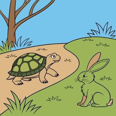 Version coloriée : Tortue et lièvre sur un sentier forestier
