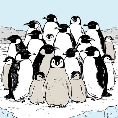 Ausgemalte Version: Pinguinfamilie in einer Kolonie