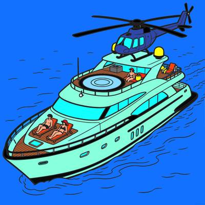 Versão colorida: Iate de luxo com helicóptero e heliponto