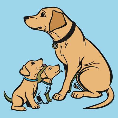 Ingekleurde versie: Gedetailleerde hondenfamilie met puppy’s