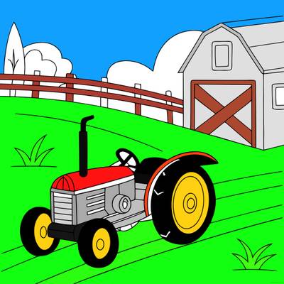 Ingekleurde versie: Eenvoudige oldtimertractor op landweg