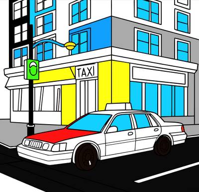 Colored version: Taxi by a city corner building