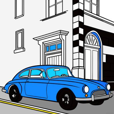Colored version: Simple vintage coupe by old building