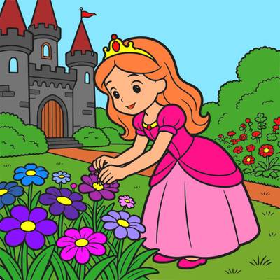 Ingekleurde versie: Prinses plukt bloemen bij het kasteel
