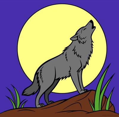 Version coloriée : Loup hurlant à la pleine lune