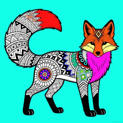 Väritetty versio: Edestä kuvattu zentangle-kettu