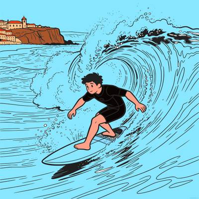 Versão colorida: Surfista em onda gigante perto das falésias