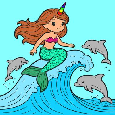 Colored version: Cute mermicorn with dolphins