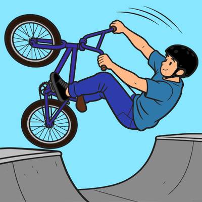 Versão colorida: Ciclista de BMX saltando no skate park
