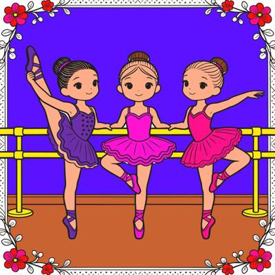 Versão colorida: Três bailarinas na barra de balé