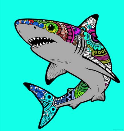 Ausgemalte Version: Detailreicher Zentangle-Hai mit Mustern