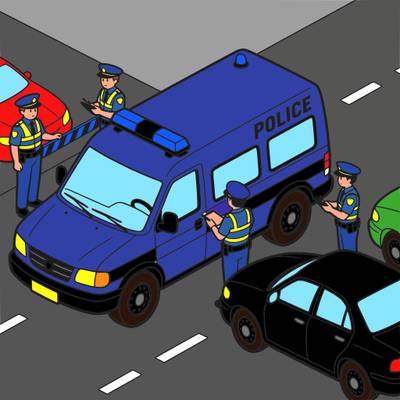 Versão colorida: Van da polícia em blitz na estrada