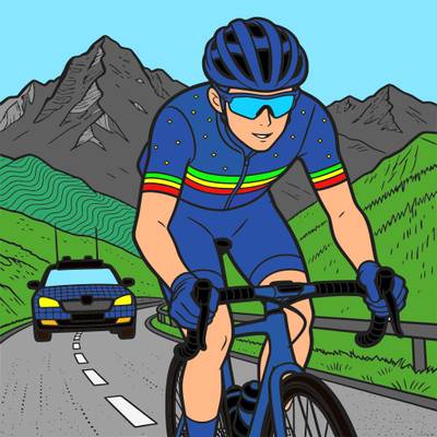 Versão colorida: Ciclista de estrada em etapa alpina francesa