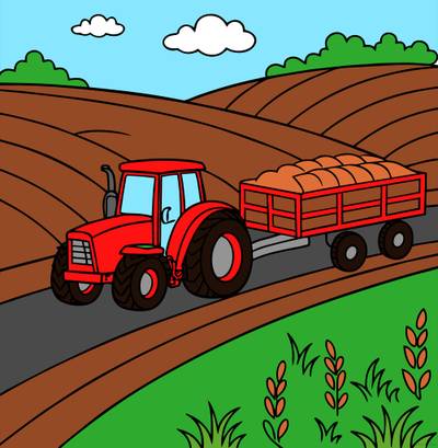 Ingekleurde versie: Tractor met hooikar op akkers