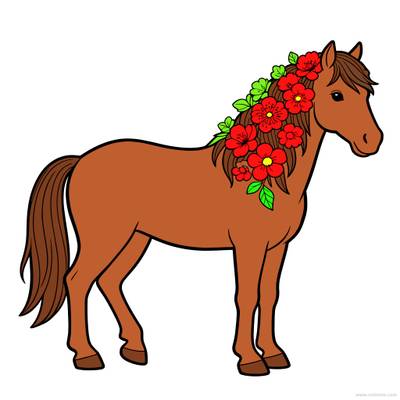 Ausgemalte Version: Stehendes Pferd mit Blumenmähne