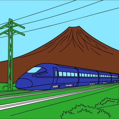 Färglagd version: Snabbtåg vid berget Fuji i sidovy