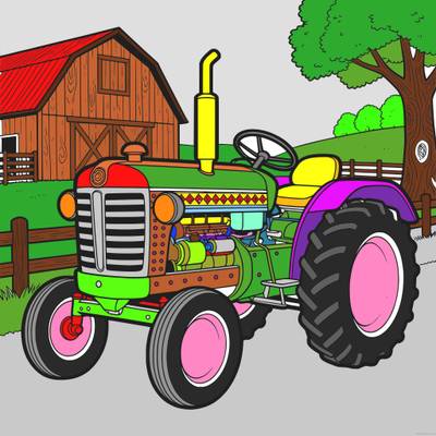 Ingekleurde versie: Vintage tractor bij de schuur