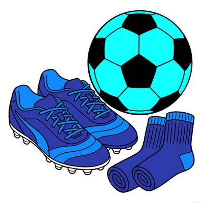 Färglagd version: Fotbollsskor och boll ovanifrån
