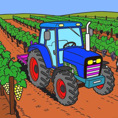 Ingekleurde versie: Tractor tussen de rijen wijnranken