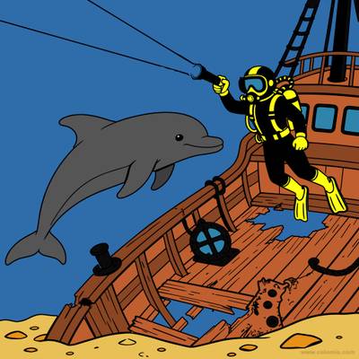 Wersja pokolorowana: Delfin i nurek przy wraku statku