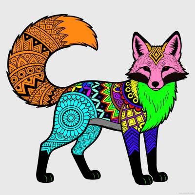 Väritetty versio: Edestä kuvattu zentangle-kettu