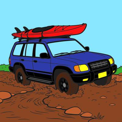 Versione colorata: SUV con kayak che attraversa un guado