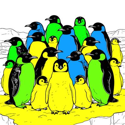 Ausgemalte Version: Pinguinfamilie in einer Kolonie