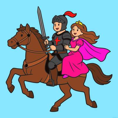 Ausgemalte Version: Ritter und Prinzessin zu Pferd