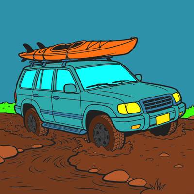 Versione colorata: SUV con kayak che attraversa un guado