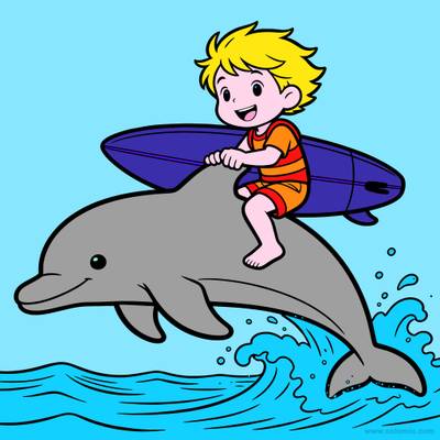 Wersja pokolorowana: Delfin z chłopcem surferem