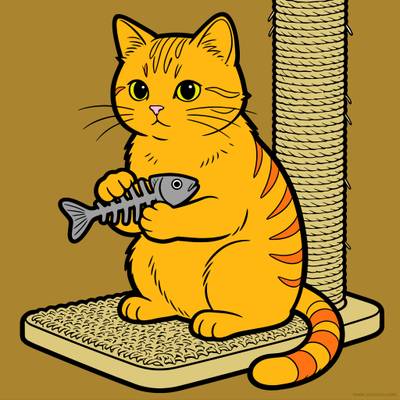 Versione colorata: Gatto sul tiragraffi con lisca di pesce