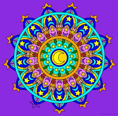 Ingekleurde versie: Mandala met Maan en Sterren