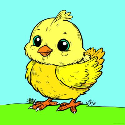 Ingekleurde versie: Fluffy kuiken voor kleurplezier.