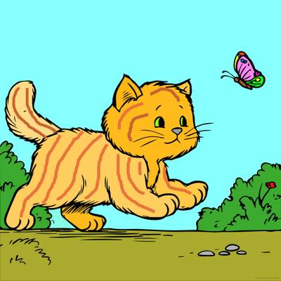 Colored version: Cat chasing a butterfly