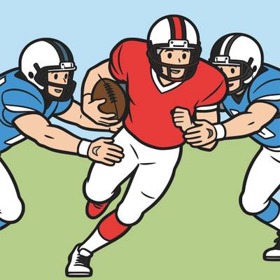 Versão colorida: Corredor no futebol americano escapando do tackle