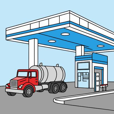 Farvelagt version: Tankbil ved tankstation